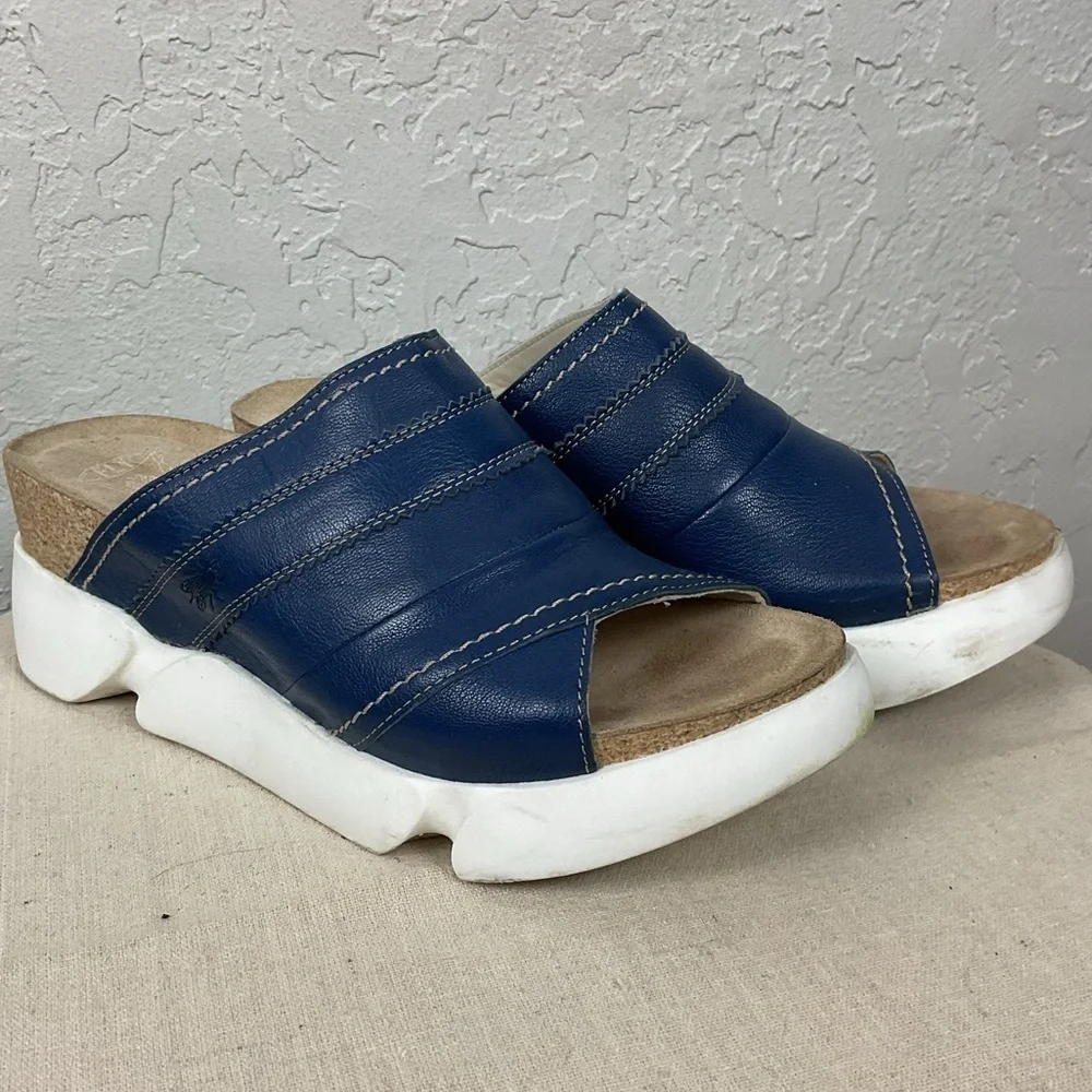 Fly London Suze Women’s Blue Leather Slip On Slide Platform Sandal Sz 41, US 10 - Picture 6 of 15
